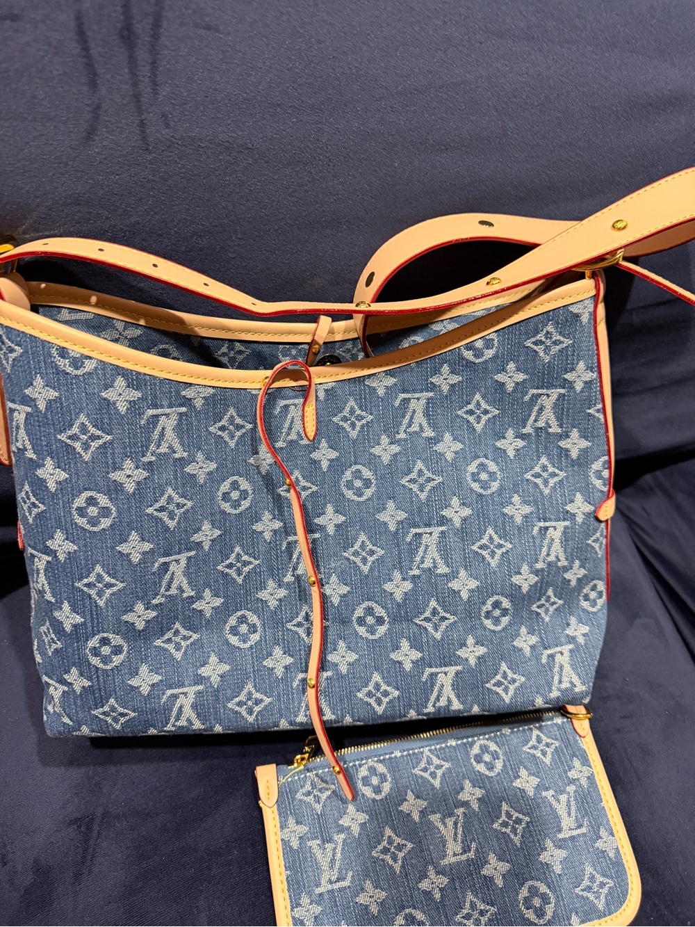 Blue Monogram Denim Shoulder Bag with Beige Trim - Picture 3 of 7